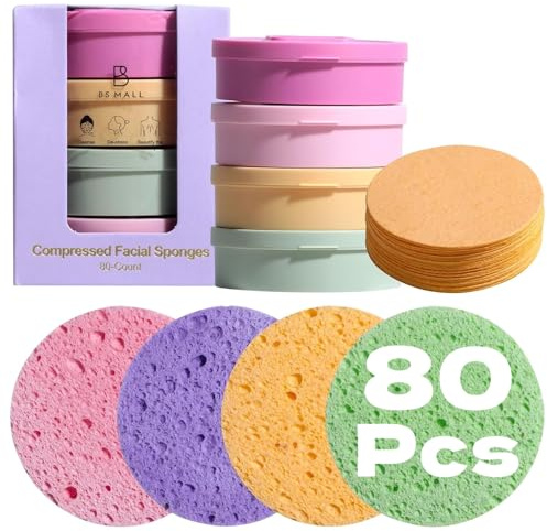 Compressed Facial Sponges BS-MALL 80 Count,Reusable Face Cleansing Pads,Gentle Exfoliating Sponges for Makeup Removal, Deep Cleansing, Dead Skin Removal,Travel-Friendly Spa Skincare Sponges