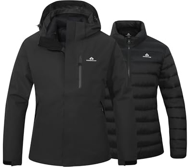 Pioneer Camp 3-in-1 Winter Coat Women Waterproof Snow Ski Shell Jacket Hooded with Detachable Thermal Puffer Lining, Black, S