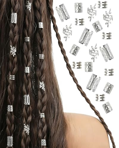 FUGLUS Lot de 40 pinces à cheveux dorées pour tresses, bijoux cheveux, bijoux de cheveux, accessoires pour dreadlocks, accessoires pour dreadlocks, dreadlocks, pour hommes, femmes - Argent