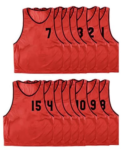 PEGANE Lot de 15 chasubles numérotées Recto-Verso de 1 à 15 de Taille Large, Gilet d'entrainement Couleur Rouge