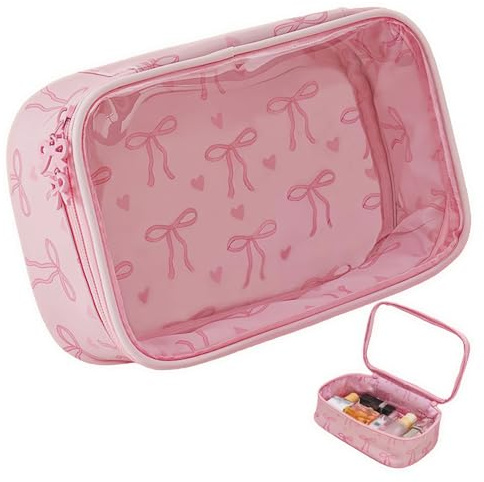 Makeup Bags for Women Handbag, Hanging Toiletry Flat Lay Make Up Organiser, Cosmetics Small Clear Travel Wash Storage, Skin Care Brushes Pouch, Waterproof Portable Case Gift (DoublezipperPinkBow)