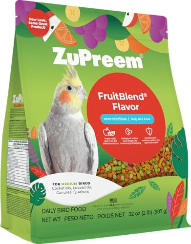 ZuPreem FruitBlend Bird Food, Bird Feed Pellets for Cockatiels, Lovebirds, Quakers, Small Conures & Lorikeets, Core Nutrition with Natural Fruit, Cockatiel Food, Conure Feed, (Medium, 2 lb Bag)
