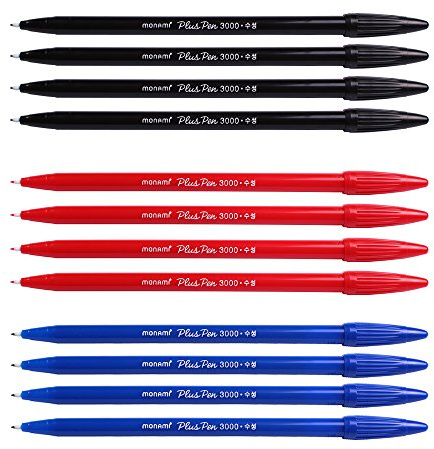 Monami Plus 3000 Office Sign Pen Felt Tip Water Based Ink Color Pen Complete Red,Blue,Black Dozen Box