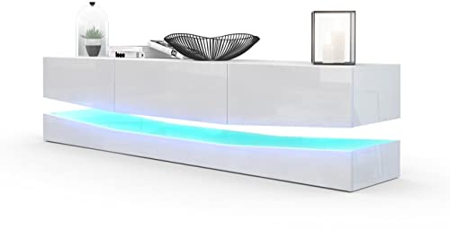 Vladon Lowboard City, Made in Germany, TV-Kommode mit Sockelelement, 1 offenem Fach und 3 Schubkästen, Weiß Hochglanz/Weiß Hochglanz (178 x variabel x 39 cm)