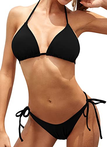 SHEKINI Femme Maillots de Bain Deux Pièces Classique Halter Réglable Ties-up Bikini Femme 2 pièces Triangle Taille Basse Ruched Bas de Bikini（S, Noir）