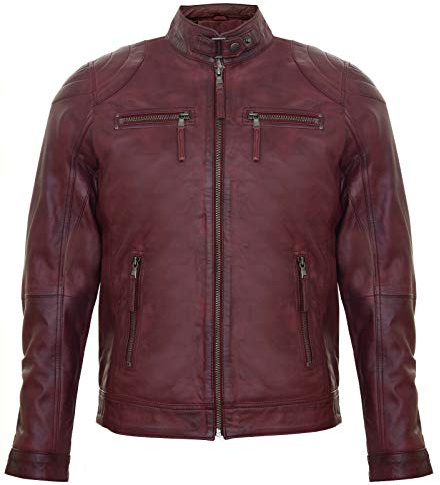 Infinity Leather Chaqueta Color Borgoña para Hombre 100% Cuero Genuino con Cremallera Estilo Motociclista M