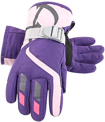 XIAOHAWANG Winter Boys Girls Ski Gloves Kids Warm Waterproof Mittens Fleece Snowboard Gloves for Children (Purple, S)
