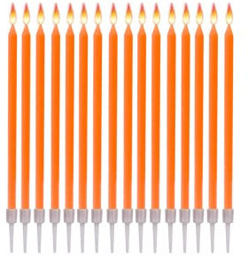 16 Bougies Anniversaire Longues Fines & Supports - Taille 12 cm x 0,5 cm - Couleur Orange