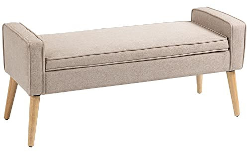 HOMCOM Banco de Almacenamiento Baúl de Almacenaje Tapizado en Lino con Tapa Abatible y Patas de Madera para Dormitorio Salón Entrada Carga 120 kg 120x45x54 cm Beige