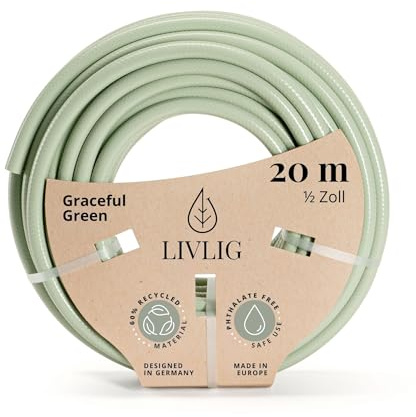 LIVLIG Tubo da Giardino 20m Design – Tubo Irrigazione Flessibile, 60% Riciclato, Resistente UV, Anti-Torsione, 1/2 Pollice, Verde