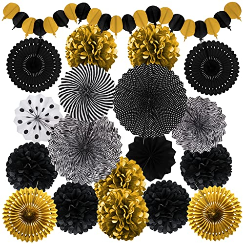 Recosis Schwarz Gold Party Dekoration, Papier Pompoms Aufhängen Fächer Girlande für Geburtstag Set Abschlussfeier Ruhestandsfeierdekor Graduierung Party Karneval Fasching Partydekorationen