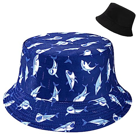 Newellsail Sombrero de Pescador Algodón a Tiburones de Dibujos Animados Plegable Reversible Gorros de Pescador Unisex Sombrero Bucket Hat para Excursionismo Viaje Pescar (56-58cm)