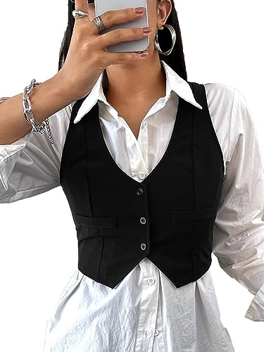 SweatyRocks Women's Solid Button Front Crop Waistcoat V Neck Sleeveless Blazers Vest Tops Black Large