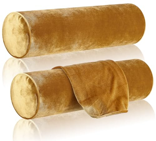 Qinyoung 2 Pcs Luxury Velvet Round Pillowcase 4 x 17 Inches Cervical Neck Roll Bolster Round Neck Pillowcase for House Home Decor Cylindrical Pillow Cushion (Gold)