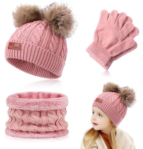 Udbrud 3 in1 Inverno Berretto Scaldacollo Guanti Set, Crochet Berretto con Sciarpa e Guanti Spessa Fodera in Caldo Pile Cappello Sciarpa Guanti Invernale Set per 1-5 Anni Ragazzi Ragazze (Rosa)