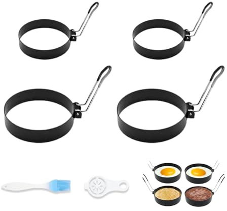 Cosmeria Set di 4 stampi per uova fritte, in acciaio inox, con pennello per olio e separatore uova, perfetto per pancake e uova fritte in padella