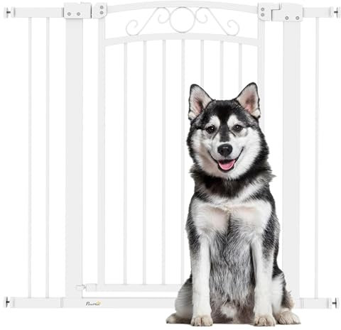 PawHut Barrera para Perros con Cierre Automático, Puerta para Perros 76-104 cm, Barrera de Seguridad con 2 Extensiones 7/14 cm, Fácil Montaje, Doble Bloqueo, para Escaleras y Puertas, Blanco