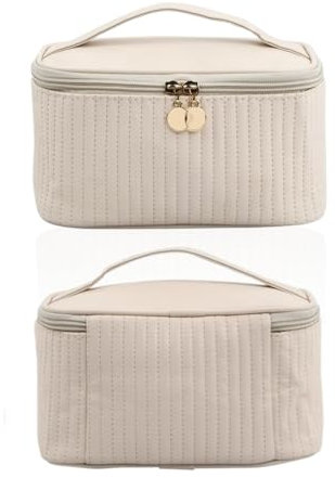 HhBdy Reise Kosmetiktasche Schminktasche Damen Kulturbeutel Kulturtasche PU Leder mit Bürstenfach wasserdichte Tragbare Reise Make Up Tasche für Schreibtisch Damen(Beige)