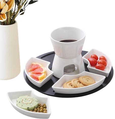 Chocolate Fondue Pot - Kit de fondue de queso, tarro calentado con velas | 300 ml de mantequilla fondue set de velas de Tealight con bandeja de madera y 4 platos, accesorios de cocina para el