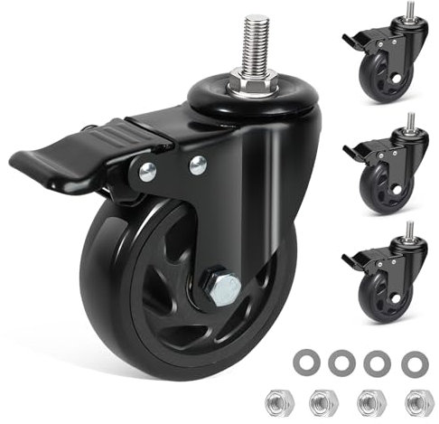 IQWTU Heavy Duty Castor with Brake, 100MM Furniture Castors with M12 X 30mm Screw Stem, PU Casters Trolley Wheels with Bolts, 4 Threaded Swivel Castors 360° Rotation up to 550KG