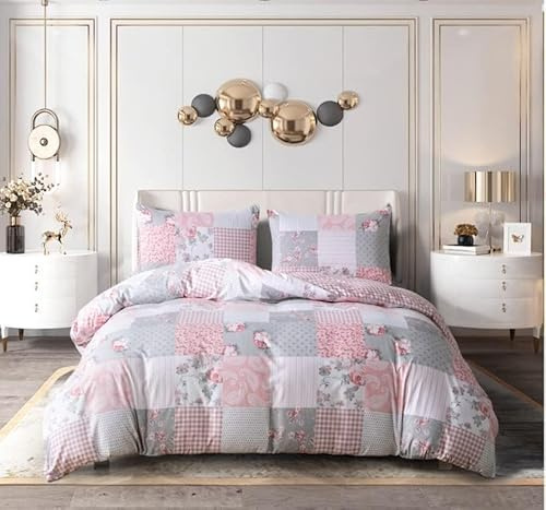BQC 3 Piece Patchwork Floral Grey Duvet Cover Single 135 x 200 cm - Luxury Ultra Soft Microfiber Quilt Cover Set For Bedroom - Hotel Quality Shrinkage and Fade Resistant Bedding with 2 Pillowcases