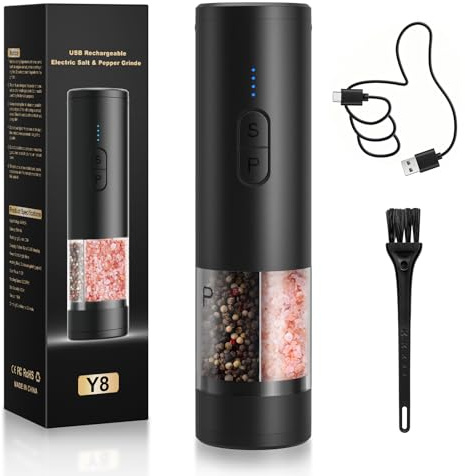 Moulin à sel et poivre électrique 2 en 1 - Rechargeable - Éclairage LED - Moulin réglable - Grande capacité - Idéal pour la cuisine et le barbecue (noir)