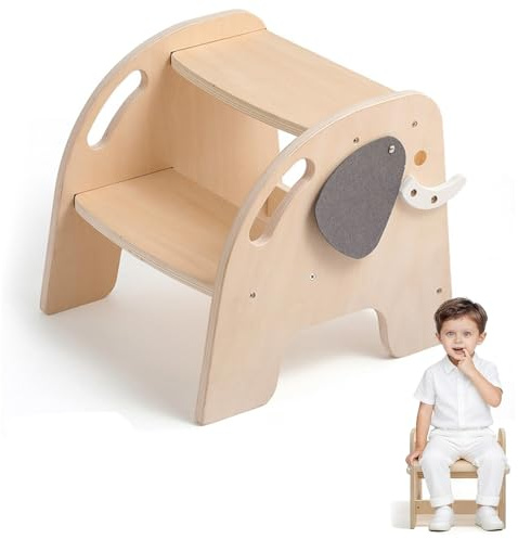 Taburete de Madera de 2 escalones para Niños, soporta hasta 80 kg, con reposapiés Antideslizante, Taburete Infantil Madera para Baño Dormitorio Cocina, Orinal
