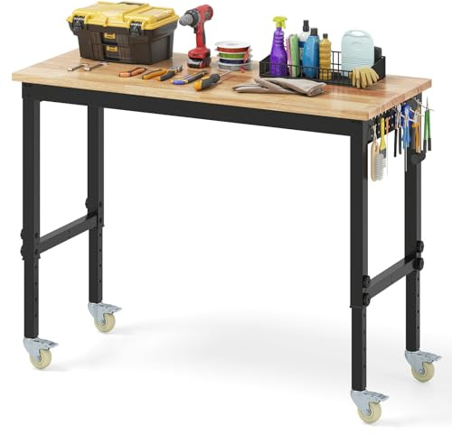 FANTASK Werkbank mit Rollen, Arbeitstisch höhenverstellbar von 74 – 104 cm, Garagentisch bis 1100 kg mit 2 Lochplatten & Metallrahmen, Gummi Holz Werkzeugtisch für Garage Büro
