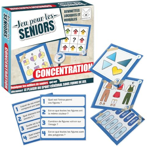 KANGUR Jeu de Concentration Quiz pour Senior, Jeu de société v. FR | Exercices Mémoire et Idée Cadeau Utile Femme et Personne Âgée 48 Cartes Langue: Français