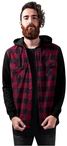 URBAN CLASSICS Camicia da Uomo in Flanella a Quadri, Maniche Lunghe e Cappuccio, Stile Casual da Boscaiolo, Colore blk/burgundy/blk, Taglia M