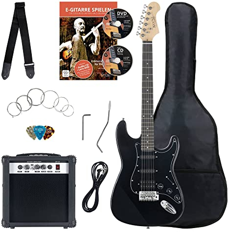 Rocktile Banger's Power Pack Komplettset E-Gitarre mit Single Coil und Humbucker Pickups Schwarz (Verstärker, Tasche, Kabel, Gurt, Plecs, Tremolo, Ersatzsaiten und Schule mit CD/DVD)