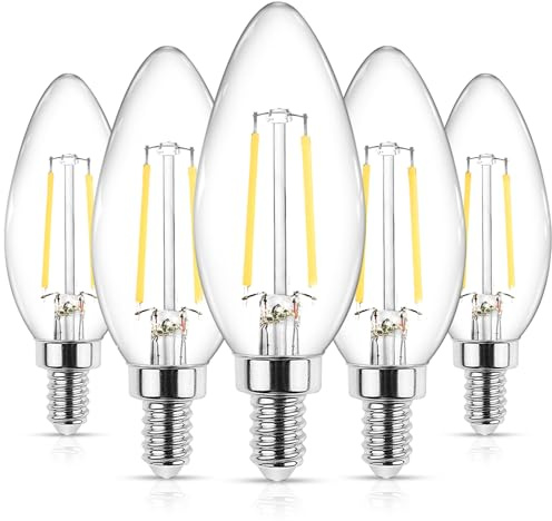 Ascher E12 LED Classic Candelabra Clear Light Bulbs 4W, Equivalent 40W, Daylight White 5000K, Non-Dimmable, Filament Clear Glass, Pack of 5