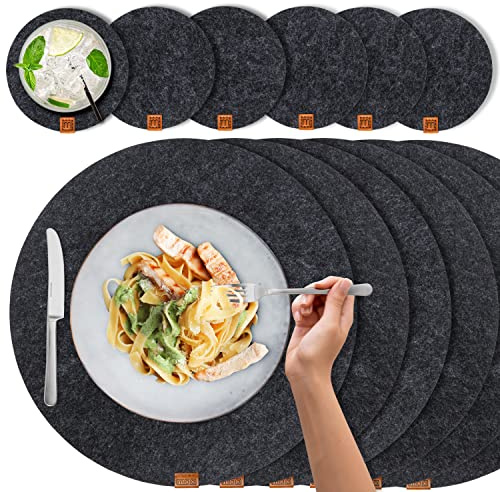 Scandi Style Felt & Leather Placemats (Round) - 4 Table Mats + 4 Glass Coaster (Dark Grey Flecked with Leather Applique, 37x37 (6er Set))