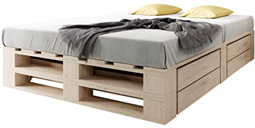 sunnypillow Palettenbett M2 aus Holz 140 x 200 cm mit Lattenrost und 2 Bettkästen. Doppelbett, Familienbett - erhöhtes Ehebett Bettgestell Futonbett Komforthöhe Naturholz Massivholzbett