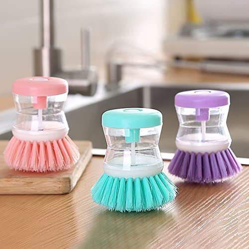 SSyang Spülbürste mit Spülmittelspender, 3er Set, Rund, Geschirr Reinigen, Spülhilfe, Seifenspender Palmenbürste Küchenbürste für Spülreinigung Topf Pfanne Spüle(Grün + Rosa + Lila)