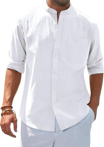 siliteelon Men's Shirts White Grandad Collar Long Sleeve Linen Shirts Regular Fit Banded Collar Summer Beach Shirt with Pocket,XL