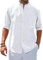 siliteelon Men's Shirts White Grandad Collar Long Sleeve Linen Shirts Regular Fit Banded Collar Summer Beach Shirt with Pocket,XL