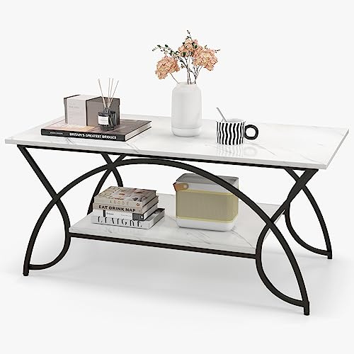 GIANTEX Couchtisch Marmor Schwarz, Kaffeetisch Teetisch 2 Ablagen, Wohnzimmertisch modern Sofatisch Teetisch 100x50x45 cm, Akzenttisch mit Metallbeinen, Beistelltisch mit Marmoroptik