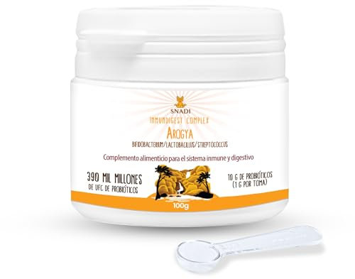 Snadi - Probióticos y Prebióticos Solubles Avanzados | 100 gr | 390 mil millones UFC | AROGYA INMUNDIGEST COMPLEX | Fibra Prebiótica 90g | Salud Digestiva e Inmunológica | Apto Todas las Edades