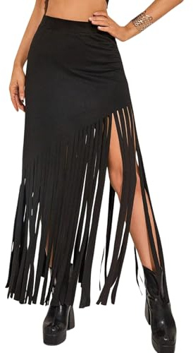 Ella Lust Jupe Longue Femme Franges - Érotique Sexy Ete Noire Couleur Unie Asymétrique Taille Haute Tenue pour Concert Vetement Festival Courte Disco Dance Coachella(Black,L,11162r)
