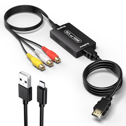 Gulemfy RCA auf HDMI Konverter, AV auf HDMI-Adapter, 1080P Composite CVBS AV zu Video Audio Konverter Mit HD-MI-Kabel Unterstützung PAL/NTSC, für PS2 PS3 Xbox SNES N64 STB VHS VCR DVD
