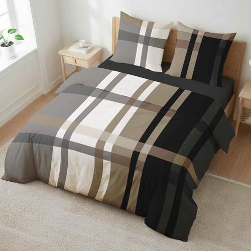etérea Microfaser Bettwäsche 155x220 2er Set - Ganzjahres Bettbezug - Urban Check Kariert Bettwäsche-Set mit Kissen 155x220cm + 80x80 cm Kissen - Braun