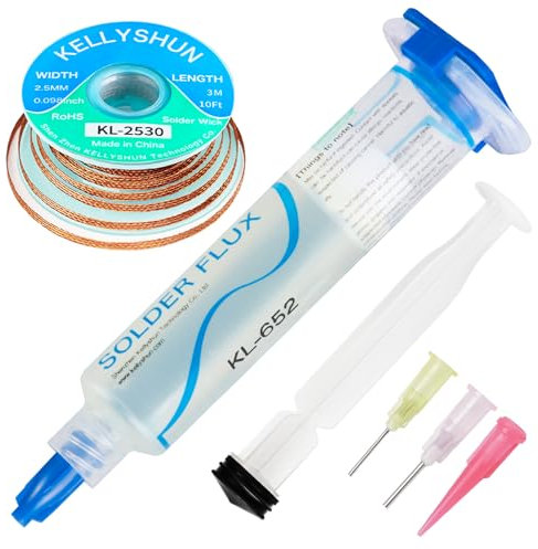 KELLYSHUN KL-652 Flux Soudure Transparent, 10ML Flux De Pâte À Souder Sans Plomb No-Clean (1 Pièce), Tresse À Dessouder 2,5MM/3M (1 Pièce), Adapté À Téléphones, BGA Et Appareils Électroménagers
