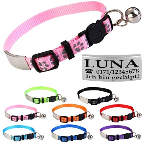 Ibera gifts - Katzenhalsband Personalisiert, Katzenhalsband mit Namen Für Katzen mit Sicherheitsverschluss Selbstöffnend, Reflektierend (Rosa)