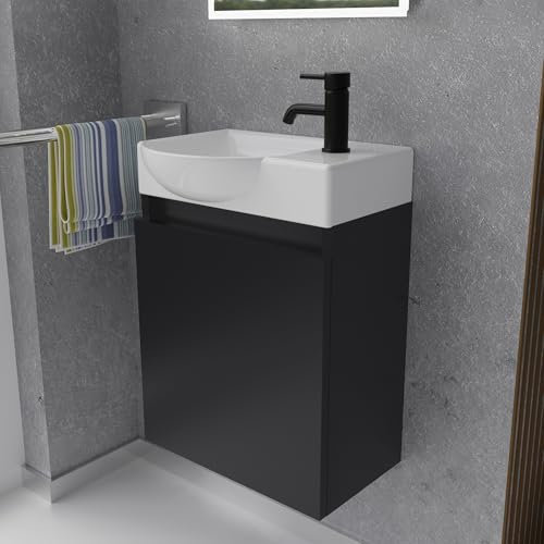 Alpenberger Gäste WC Waschbecken mit Unterschrank | Kleines Badmöbel 45 cm Breit | Waschtisch mit Waschbeckenunterschrank (Schwarz Matt, Waschbecken - Linke Seite)