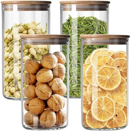 MEETOZ 1350ml Set of 4 Glass Jars with Bamboo Lids,High Borosilicate Glass Transparent Airtight Food Storage Tank,Large Capacity Kitchen Food Containers for Spices,Coffee Beans,Oatmeal