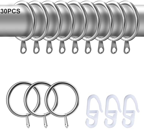 30 anillos de cortina plateados con 30 ganchos para cortina, 32 mm de diámetro, resistentes anillos de cortina de ducha de metal para ventana, puerta, cortina de ducha, decoración del hogar
