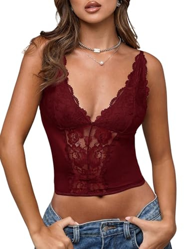 GORGLITTER Corsé Top Mujer Elegante Encaje Tops con Cuello en V Bustier Camiseta sin Mangas Verano Top Encaje Spaghetti Tops Tirantes Top, burdeos, M