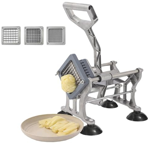 QIAKEFE Coupe Frites Professionnel en Acier Inoxydable, Trancheuse de Légumes, 3 Lames Interchangeables 6/9/13 mm avec Base à Ventouses pour Pommes de Terre, Carottes, Légumes (Argenté)