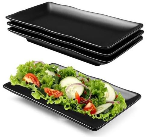 FARYODI Tallrikar rektangulära serveringsplattor 4 stycken, 20,7 x 12,8 x 2,7 cm melamin porslinsset av plast, desserttallrikar, snackstallrikar för sushi sallad, antipasti tårta